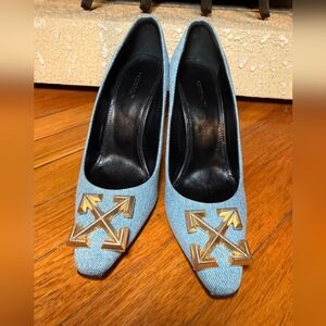 Off-White Blue Heels with Gold Arrows